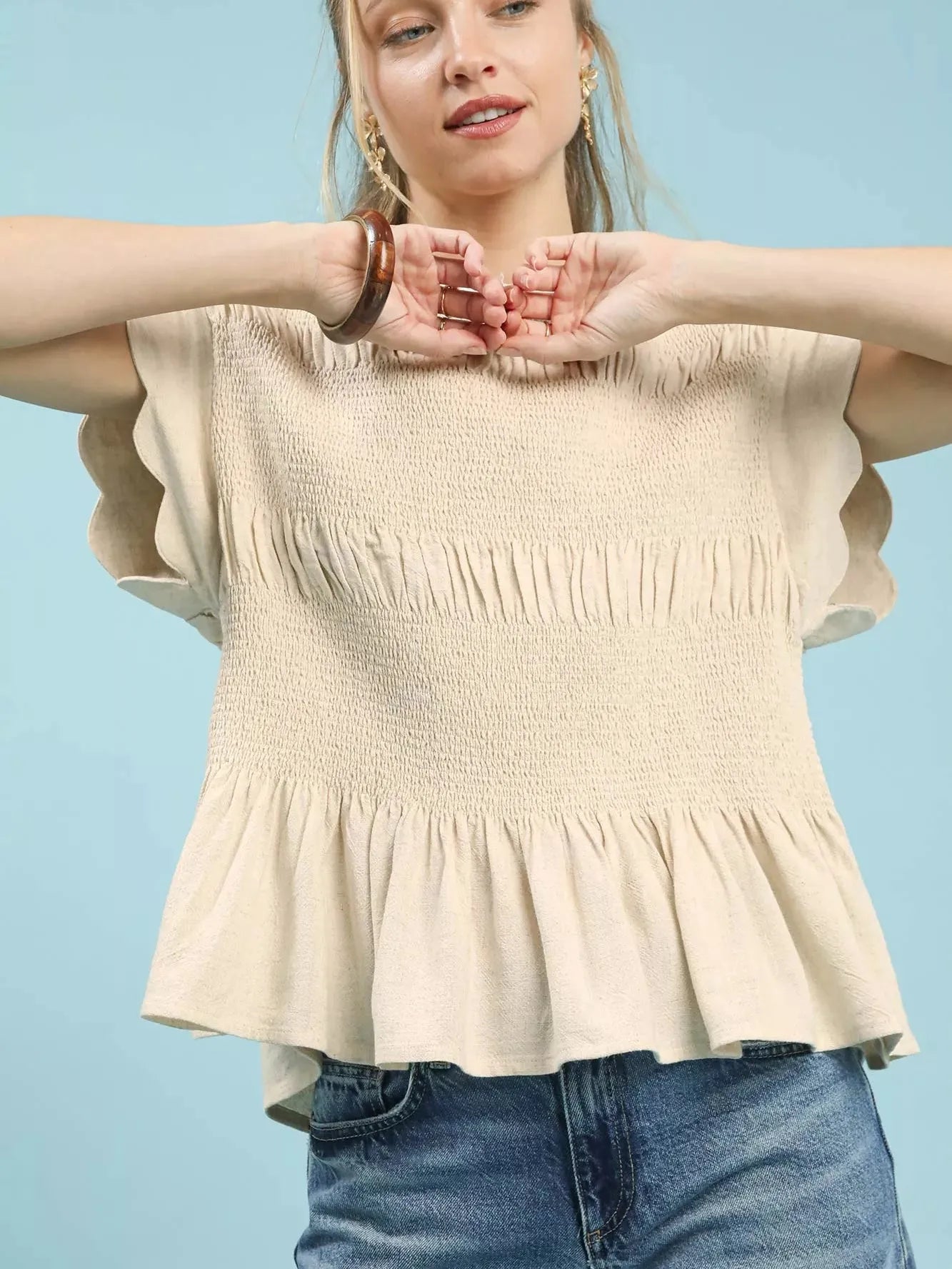 Umgee Oatmeal Whisper Short Sleeve Smocked Peplum Blouse-Women's Shirts & Tops-Shop Z & Joxa