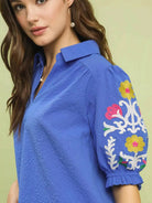 Umgee Ocean Breeze Seersucker Embroidered Sleeve Blouse-Women's Shirts & Tops-Shop Z & Joxa