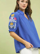 Umgee Ocean Breeze Seersucker Embroidered Sleeve Blouse-Women's Shirts & Tops-Shop Z & Joxa