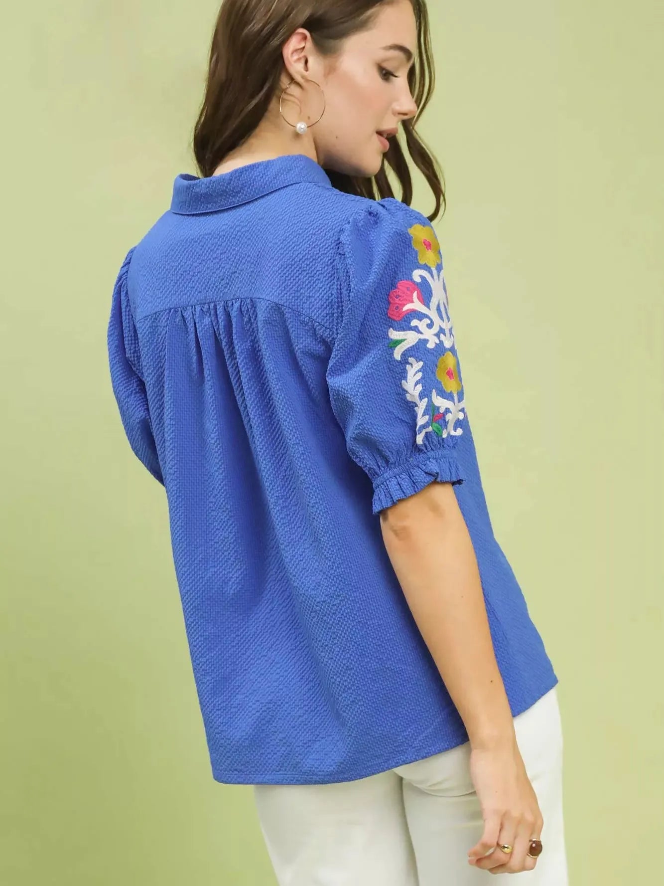 Umgee Ocean Breeze Seersucker Embroidered Sleeve Blouse-Women's Shirts & Tops-Shop Z & Joxa