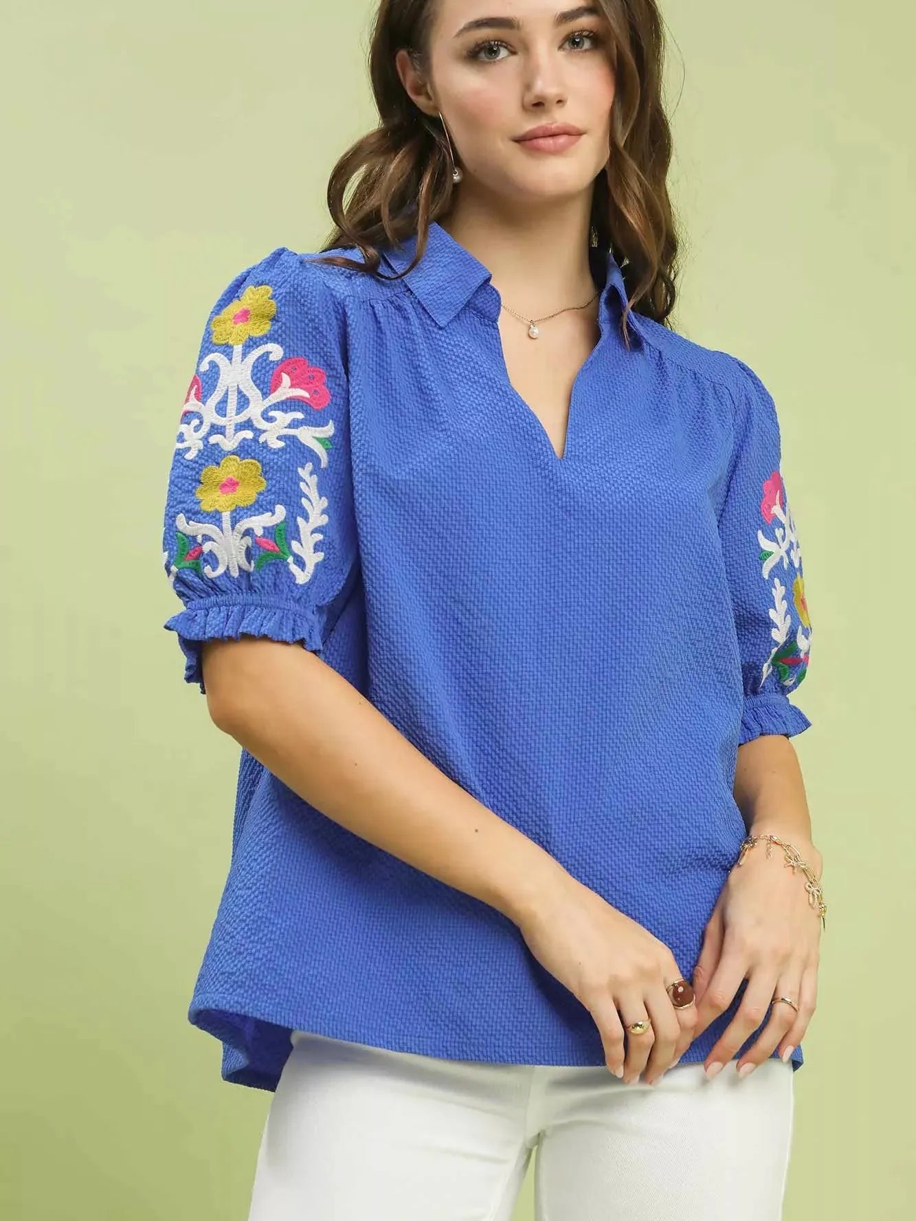 Umgee Ocean Breeze Seersucker Embroidered Sleeve Blouse-Women's Shirts & Tops-Shop Z & Joxa