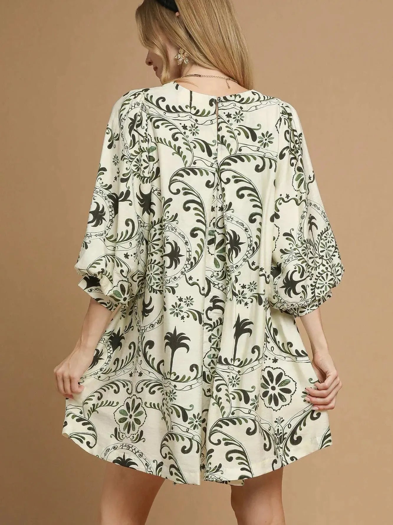 Umgee Olive Echo Boho Paisley Balloon Sleeve Mini Dress-Women's Dresses-Shop Z & Joxa