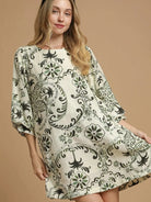 Umgee Olive Echo Boho Paisley Balloon Sleeve Mini Dress-Women's Dresses-Shop Z & Joxa