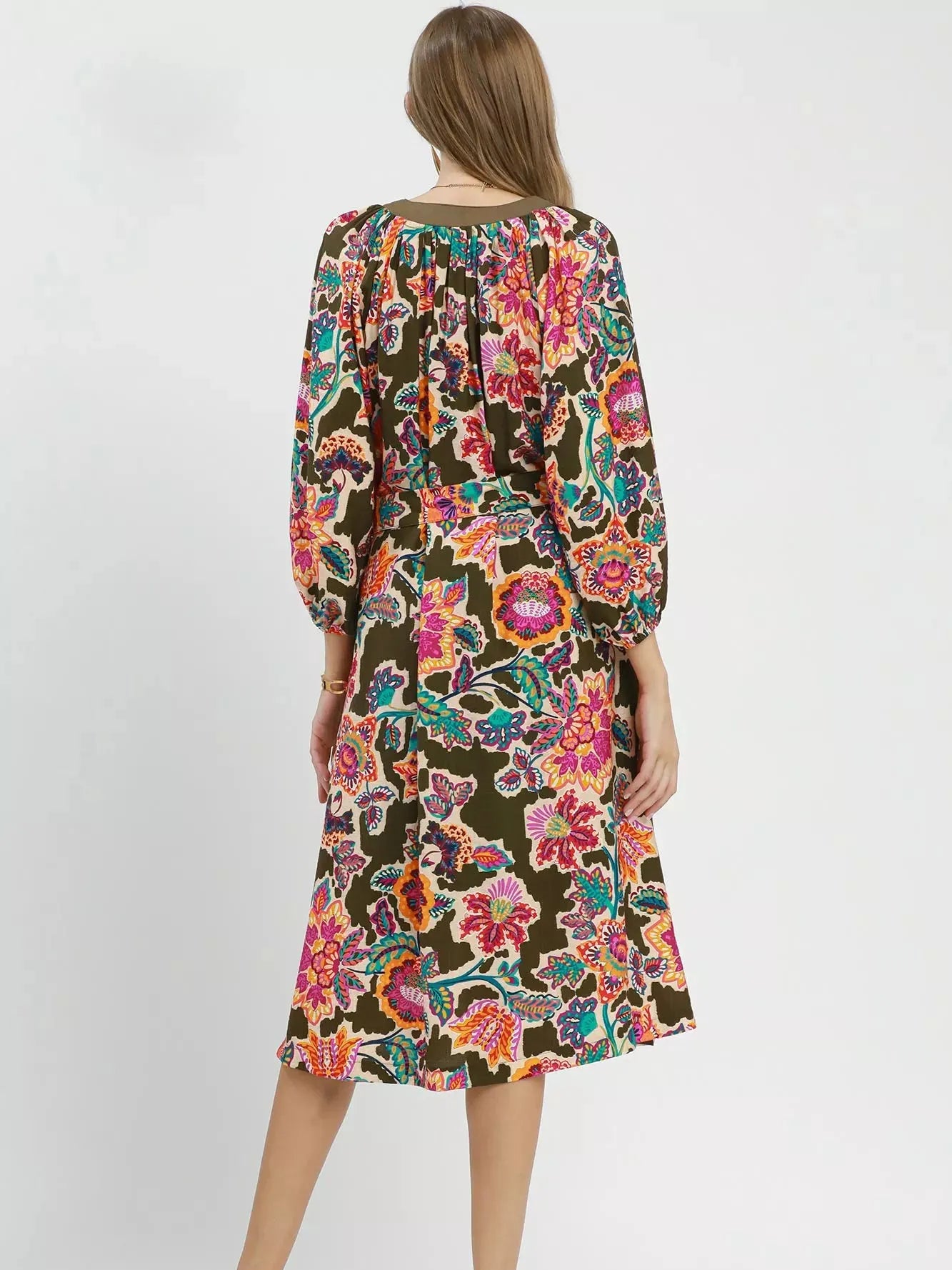 Umgee Olive Muse Abstract Print Embroidered Belted Midi Dress-Women's Dresses-Shop Z & Joxa