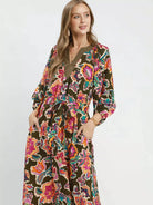 Umgee Olive Muse Abstract Print Embroidered Belted Midi Dress-Women's Dresses-Shop Z & Joxa