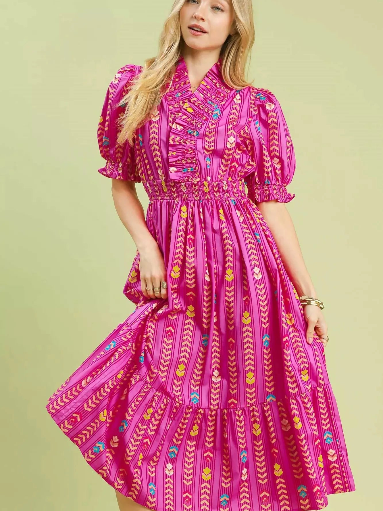 Umgee Painted Garden Ruffle Smocked Midi Dress in Peony-Women's Dresses-Shop Z & Joxa