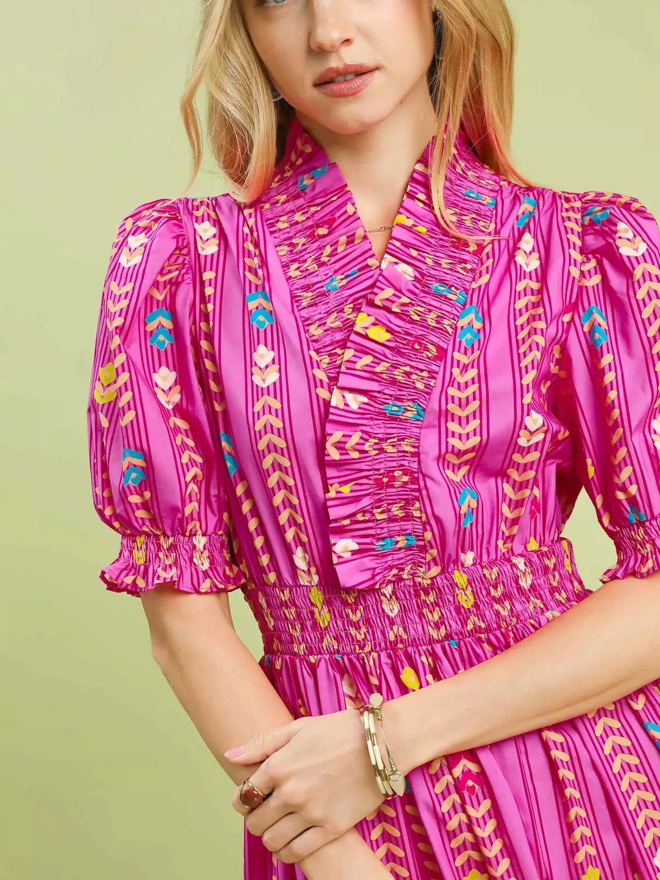 Umgee Painted Garden Ruffle Smocked Midi Dress in Peony-Women's Dresses-Shop Z & Joxa