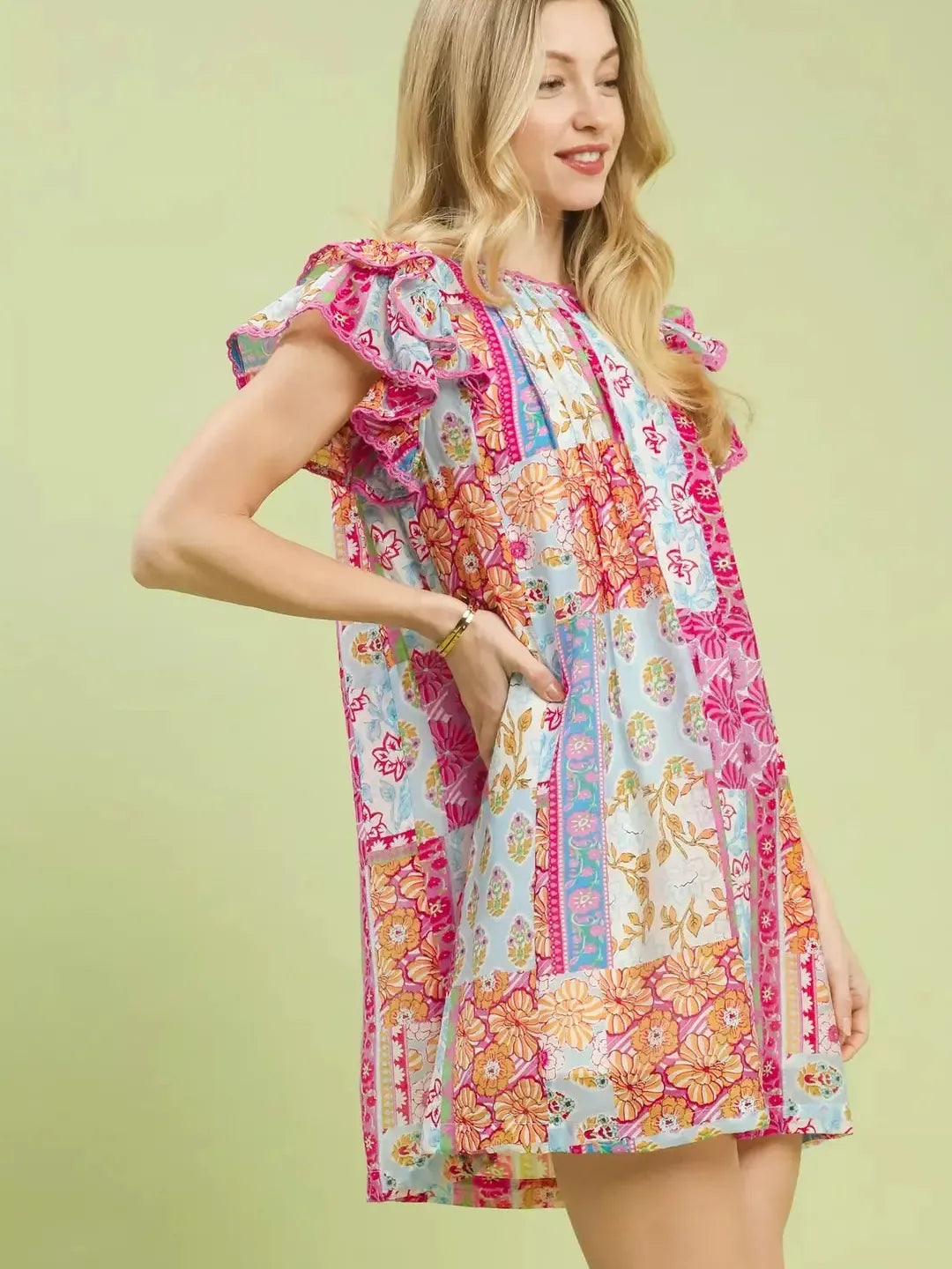 Umgee Patch Me Pretty Pink Patchwork Flutter Sleeve Mini Dress-Women's Dresses-Shop Z & Joxa