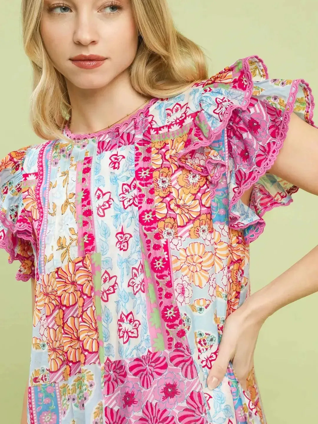 Umgee Patch Me Pretty Pink Patchwork Flutter Sleeve Mini Dress-Women's Dresses-Shop Z & Joxa