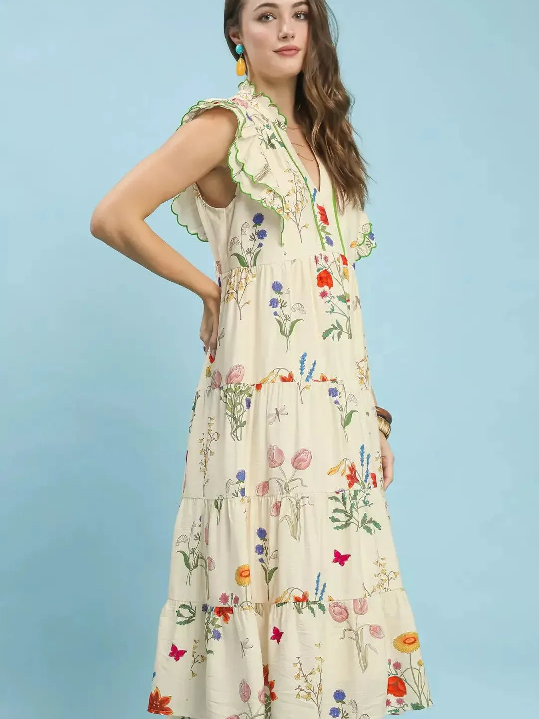 Umgee Petal Poetry Floral Scalloped Ruffles Tiered Midi Dress-Women's Dresses-Shop Z & Joxa