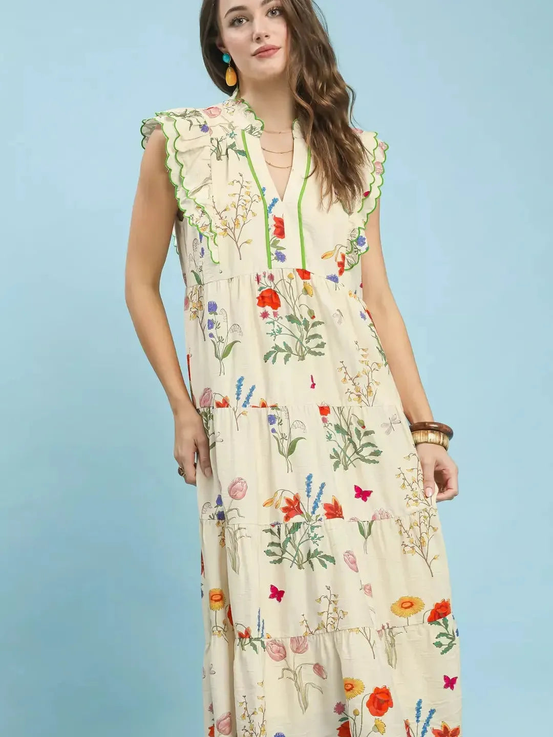 Umgee Petal Poetry Floral Scalloped Ruffles Tiered Midi Dress-Women's Dresses-Shop Z & Joxa