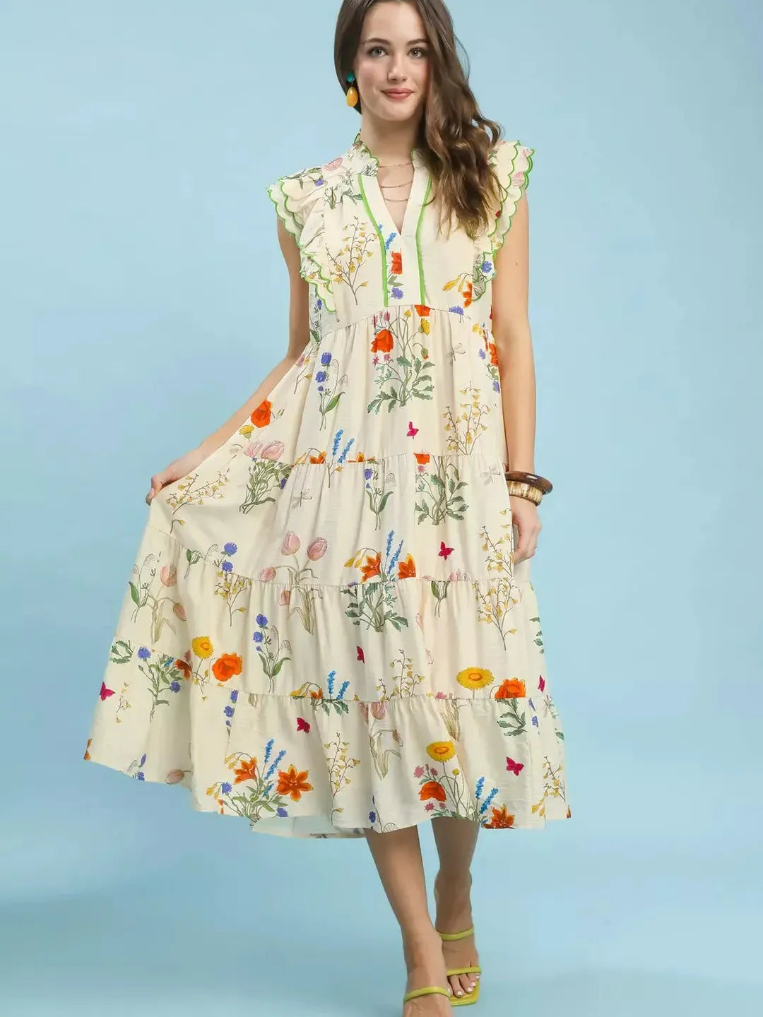 Umgee Petal Poetry Floral Scalloped Ruffles Tiered Midi Dress-Women's Dresses-Shop Z & Joxa