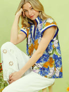 Umgee Petal Pop Floral Print Blouse with Contrast Trim in Blue-Women's Shirts & Tops-Shop Z & Joxa
