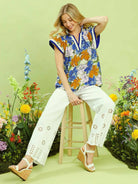 Umgee Petal Pop Floral Print Blouse with Contrast Trim in Blue-Women's Shirts & Tops-Shop Z & Joxa