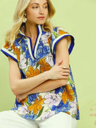 Umgee Petal Pop Floral Print Blouse with Contrast Trim in Blue-Women's Shirts & Tops-Shop Z & Joxa