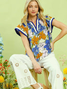 Umgee Petal Pop Floral Print Blouse with Contrast Trim in Blue-Women's Shirts & Tops-Shop Z & Joxa