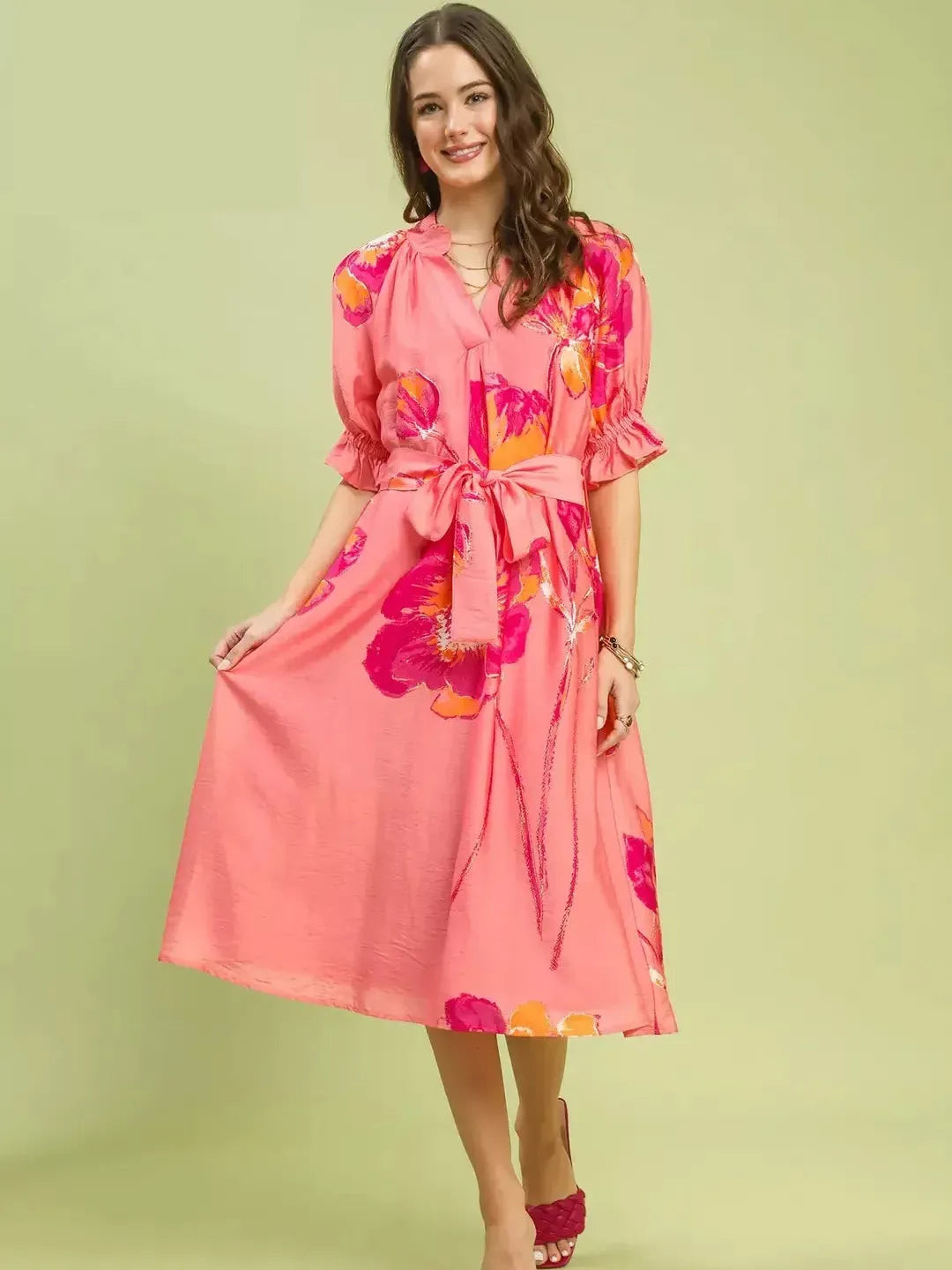 Umgee Pink Prairie Floral Flounce Sleeve Belted Midi Dress-Women's Dresses-Shop Z & Joxa