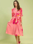 Umgee Pink Prairie Floral Flounce Sleeve Belted Midi Dress-Women's Dresses-Shop Z & Joxa