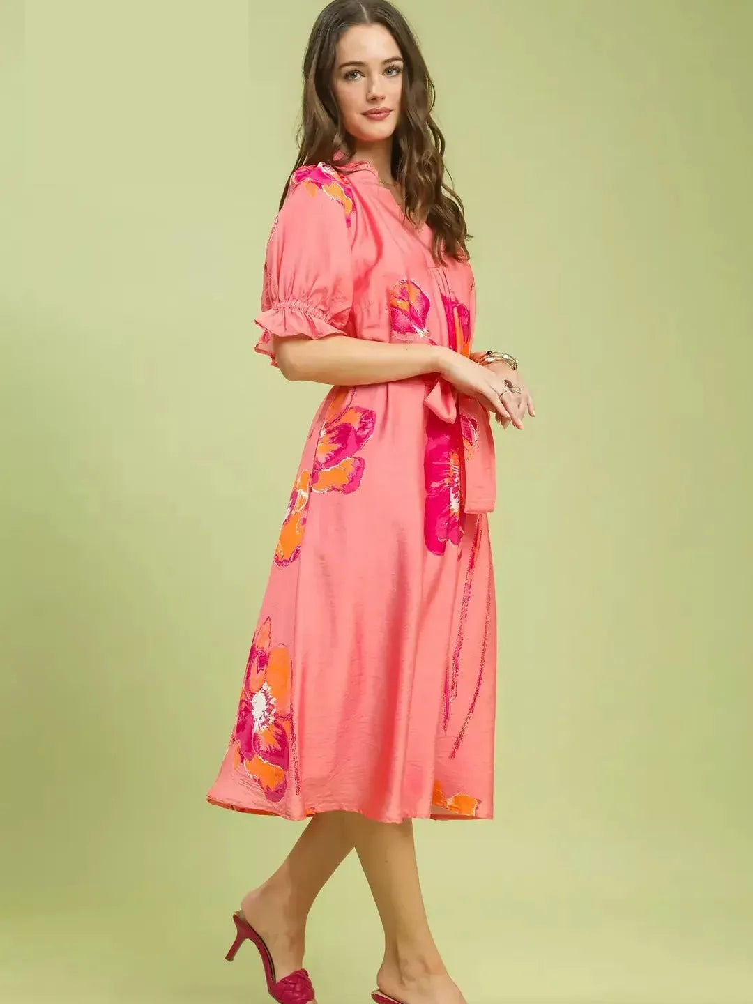 Umgee Pink Prairie Floral Flounce Sleeve Belted Midi Dress-Women's Dresses-Shop Z & Joxa