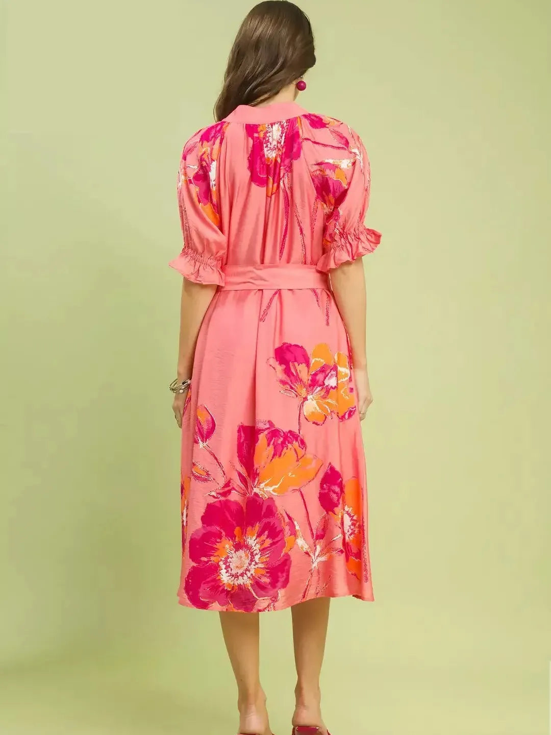 Umgee Pink Prairie Floral Flounce Sleeve Belted Midi Dress-Women's Dresses-Shop Z & Joxa