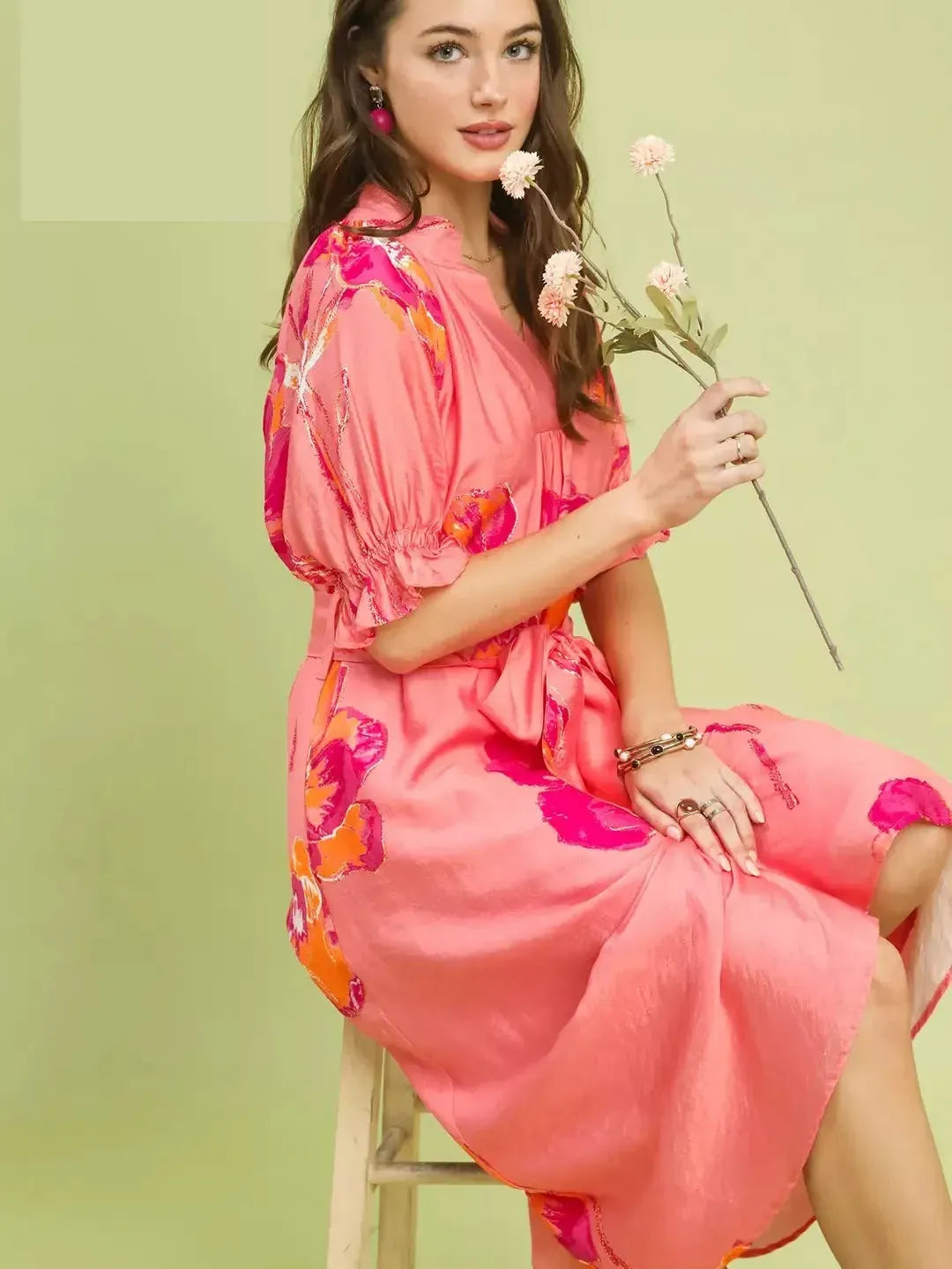 Umgee Pink Prairie Floral Flounce Sleeve Belted Midi Dress-Women's Dresses-Shop Z & Joxa