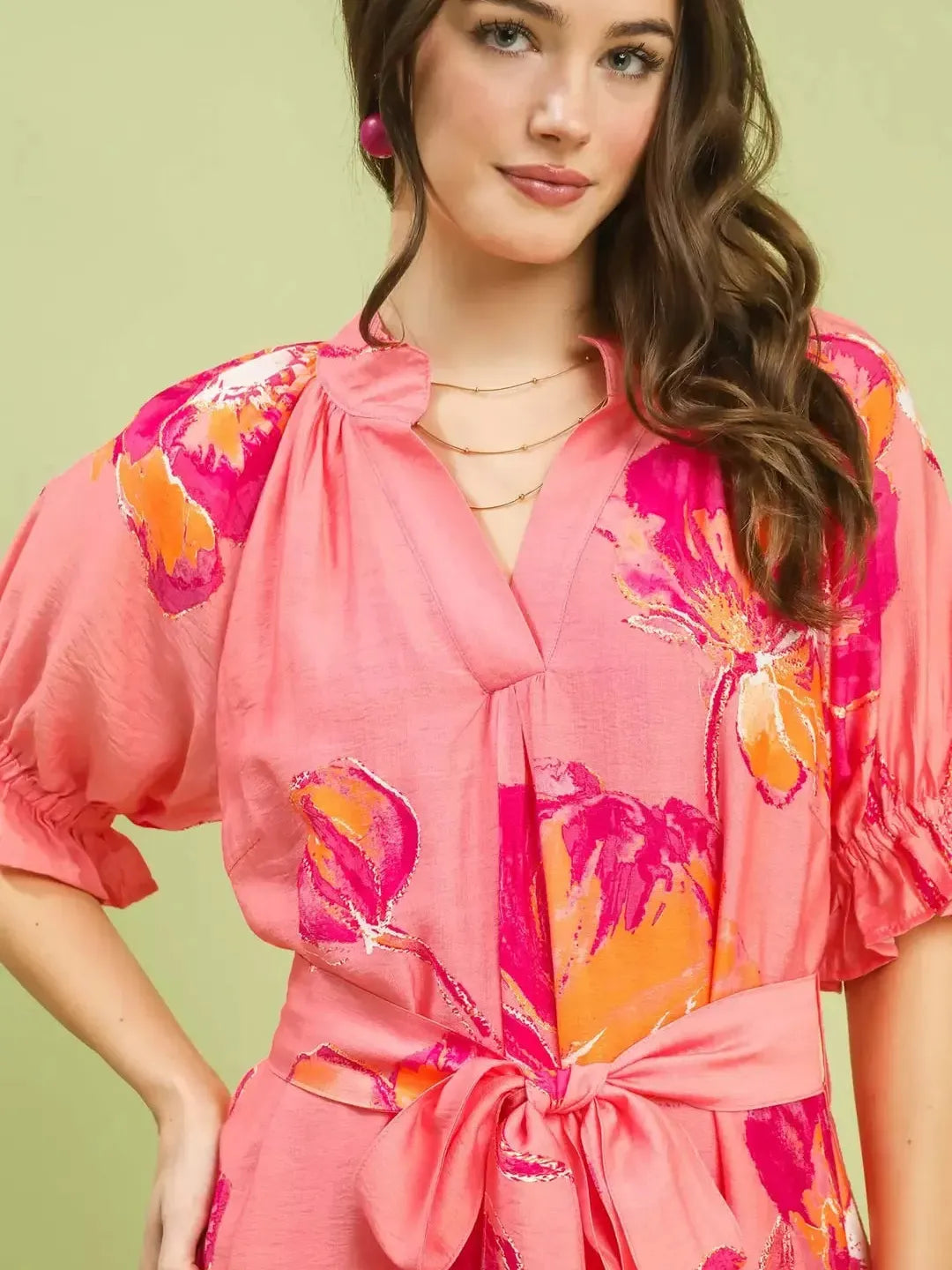 Umgee Pink Prairie Floral Flounce Sleeve Belted Midi Dress-Women's Dresses-Shop Z & Joxa