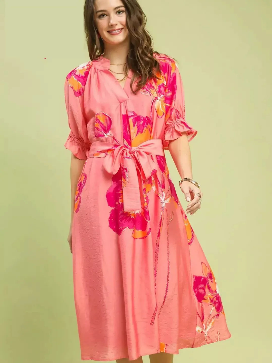 Umgee Pink Prairie Floral Flounce Sleeve Belted Midi Dress-Women's Dresses-Shop Z & Joxa