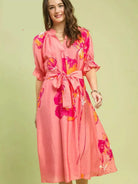 Umgee Pink Prairie Floral Flounce Sleeve Belted Midi Dress-Women's Dresses-Shop Z & Joxa