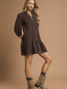 Umgee Plaid Whimsy French Terry Plaid Trim Ruffle Hem Dress-Women's Dresses-Shop Z & Joxa