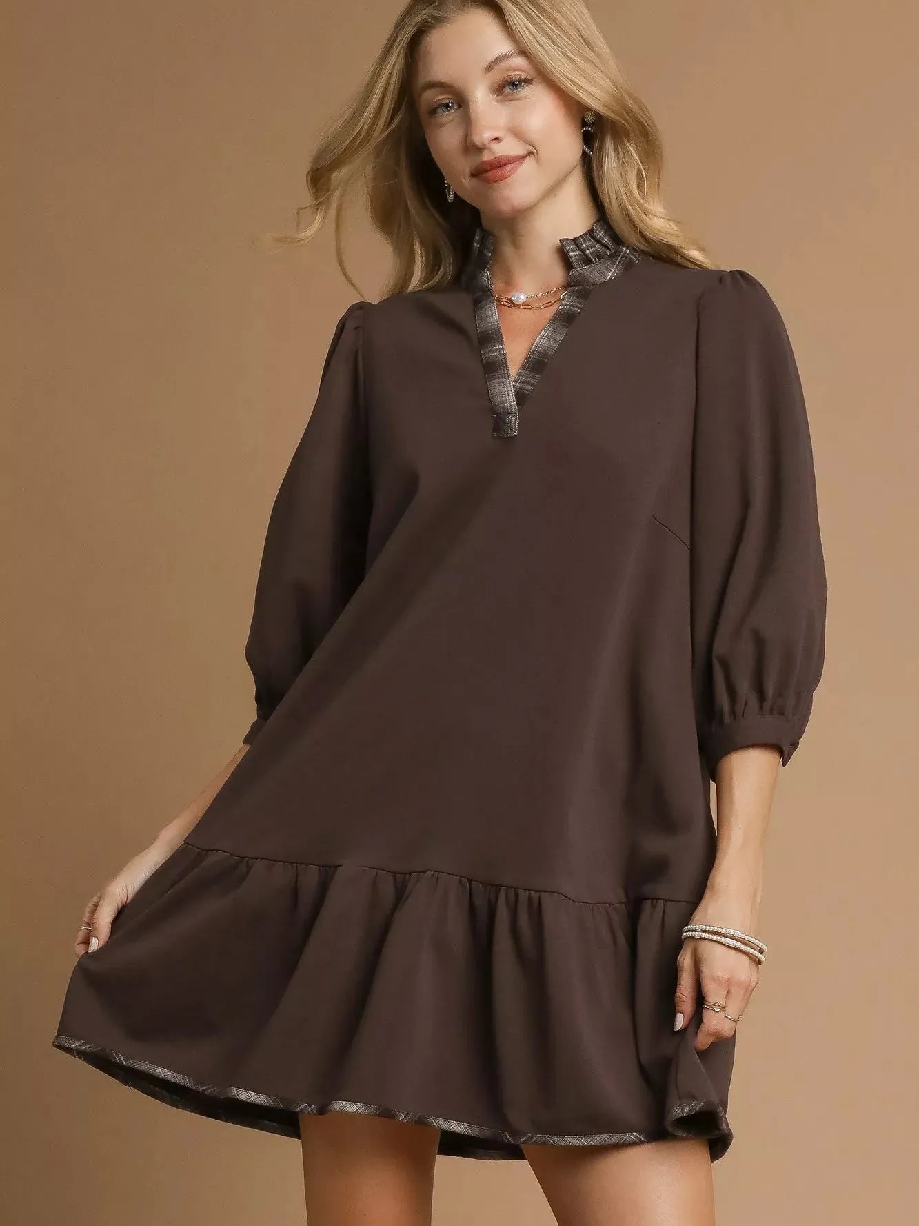 Umgee Plaid Whimsy French Terry Plaid Trim Ruffle Hem Dress-Women's Dresses-Shop Z & Joxa