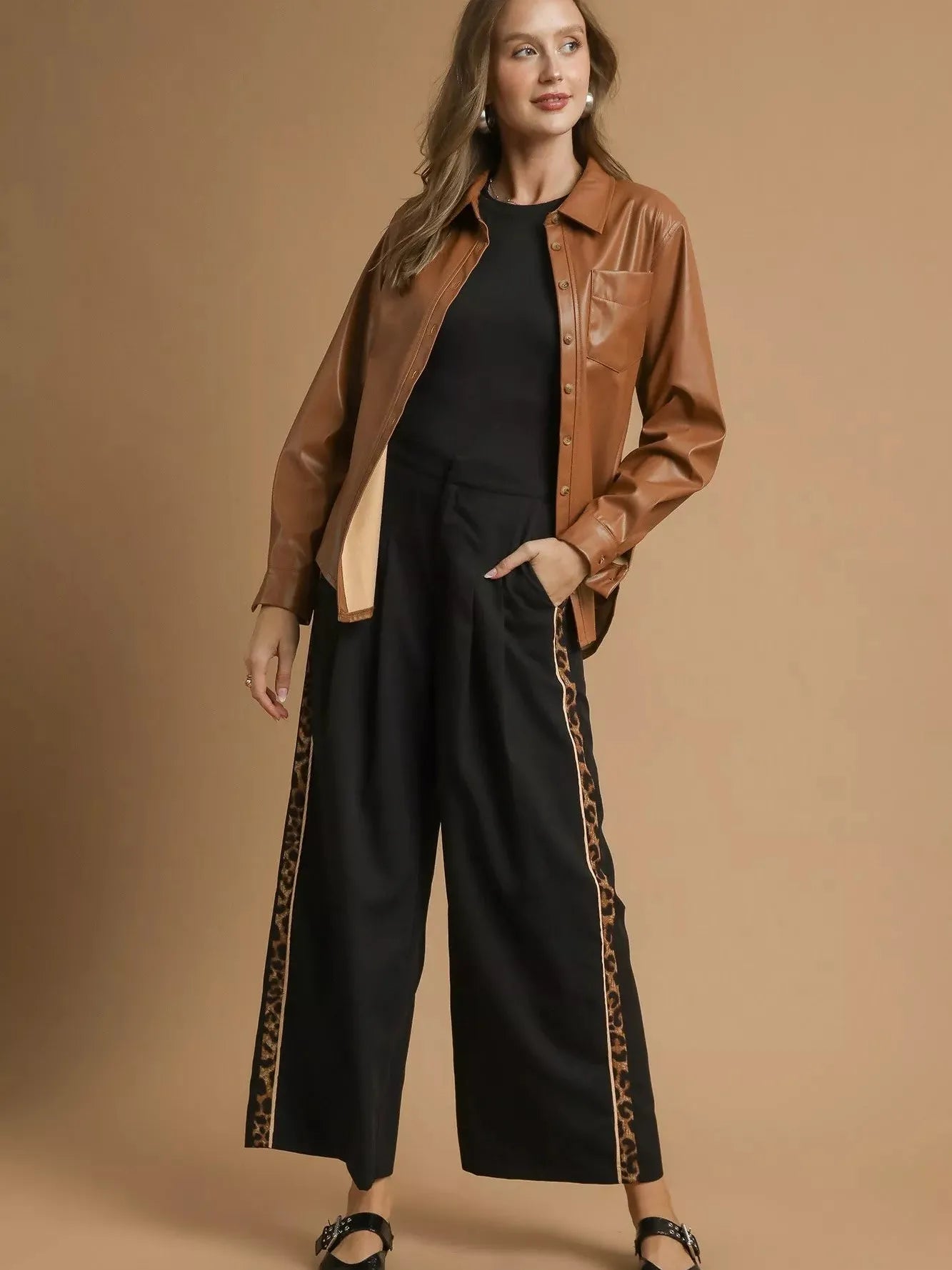 Umgee Pleat Me Pretty Wide-Leg Contrast Trim Pants in Black-Women's Pants-Shop Z & Joxa