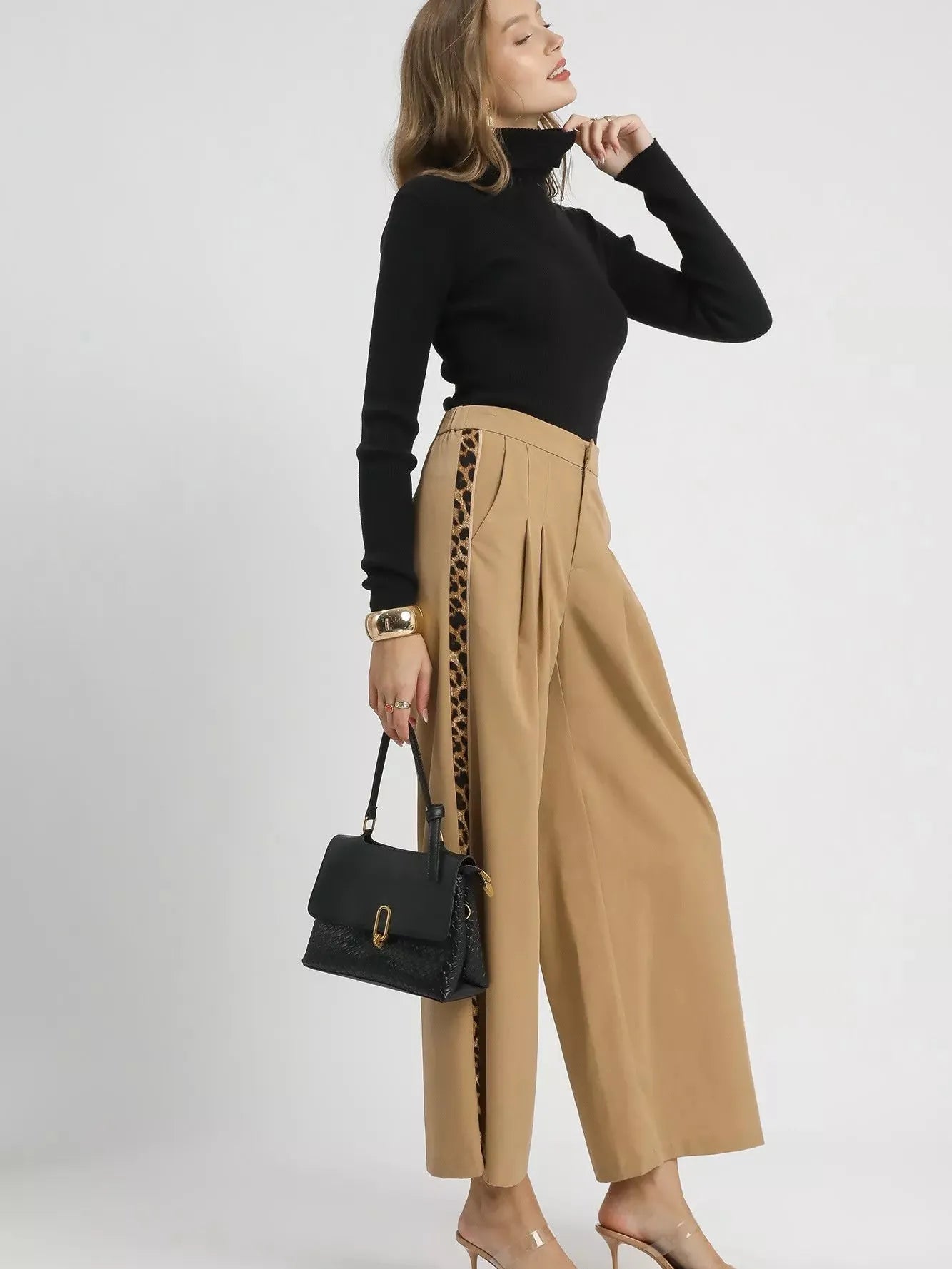 Umgee Pleat Me Pretty Wide-Leg Contrast Trim Pants in Latte-Women's Pants-Shop Z & Joxa