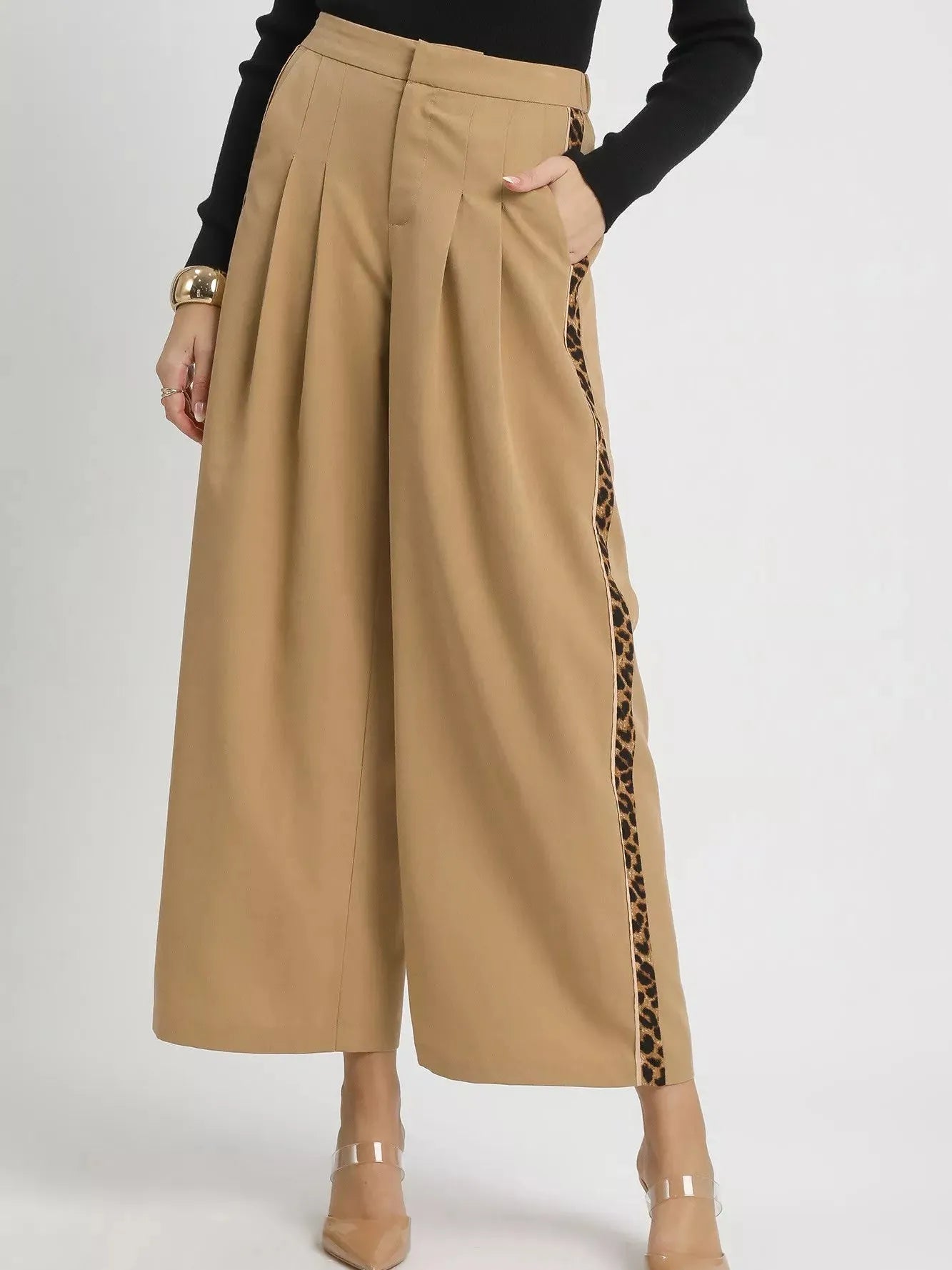Umgee Pleat Me Pretty Wide-Leg Contrast Trim Pants in Latte-Women's Pants-Shop Z & Joxa