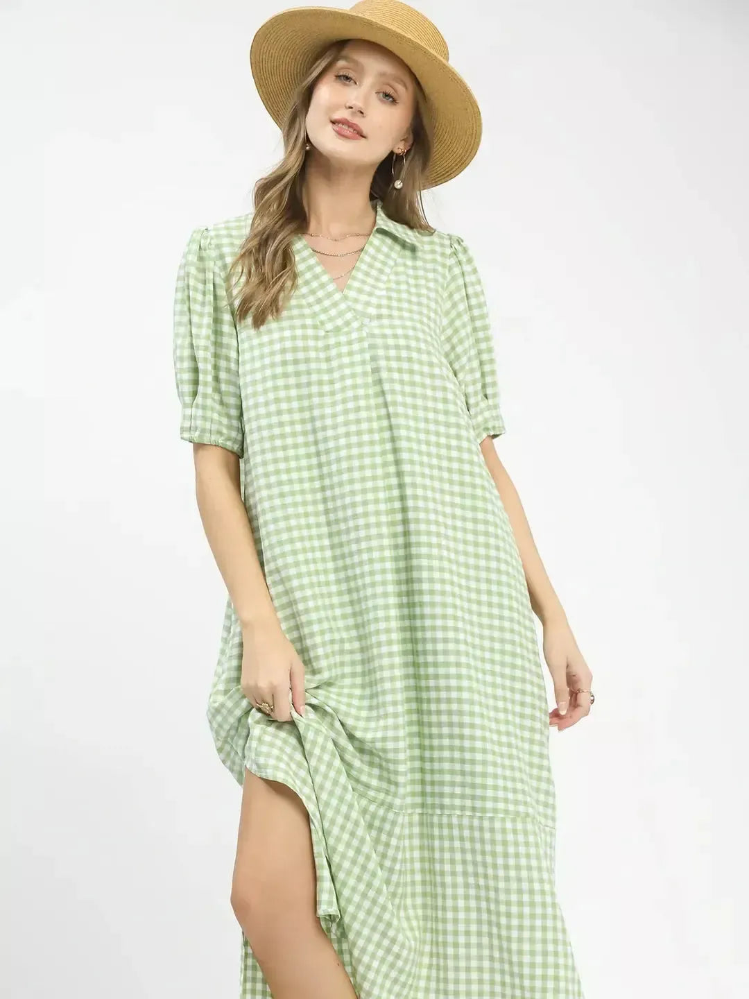 Umgee Prairie Picnic Sage Gingham Midi Dress-Women's Dresses-Shop Z & Joxa