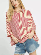 Umgee Raspberry Ribbons Oversized Striped Button Down Top-Women's Shirts & Tops-Shop Z & Joxa
