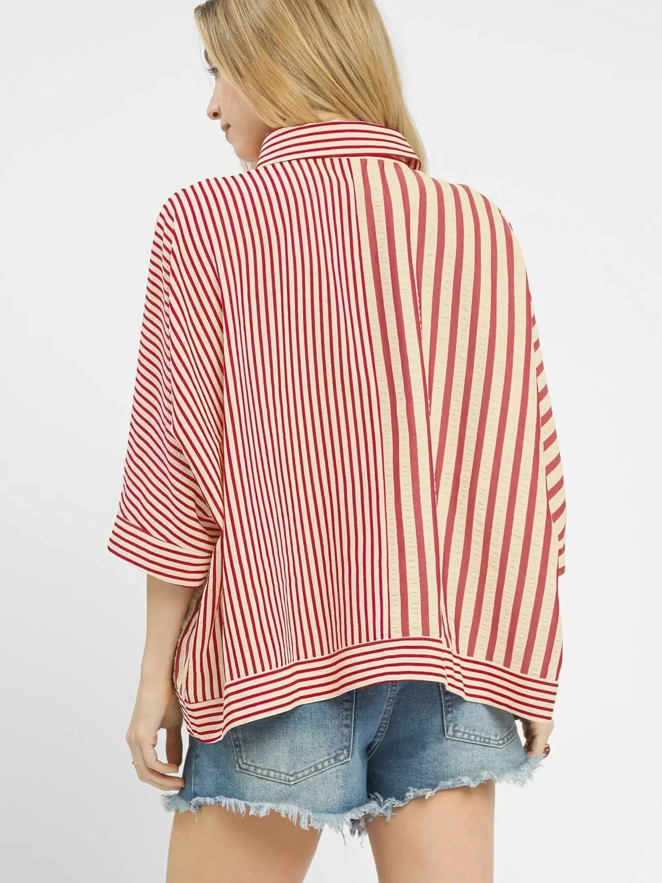 Umgee Raspberry Ribbons Oversized Striped Button Down Top-Women's Shirts & Tops-Shop Z & Joxa