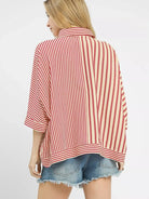 Umgee Raspberry Ribbons Oversized Striped Button Down Top-Women's Shirts & Tops-Shop Z & Joxa