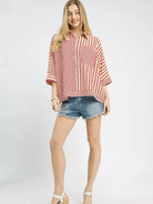 Umgee Raspberry Ribbons Oversized Striped Button Down Top-Women's Shirts & Tops-Shop Z & Joxa