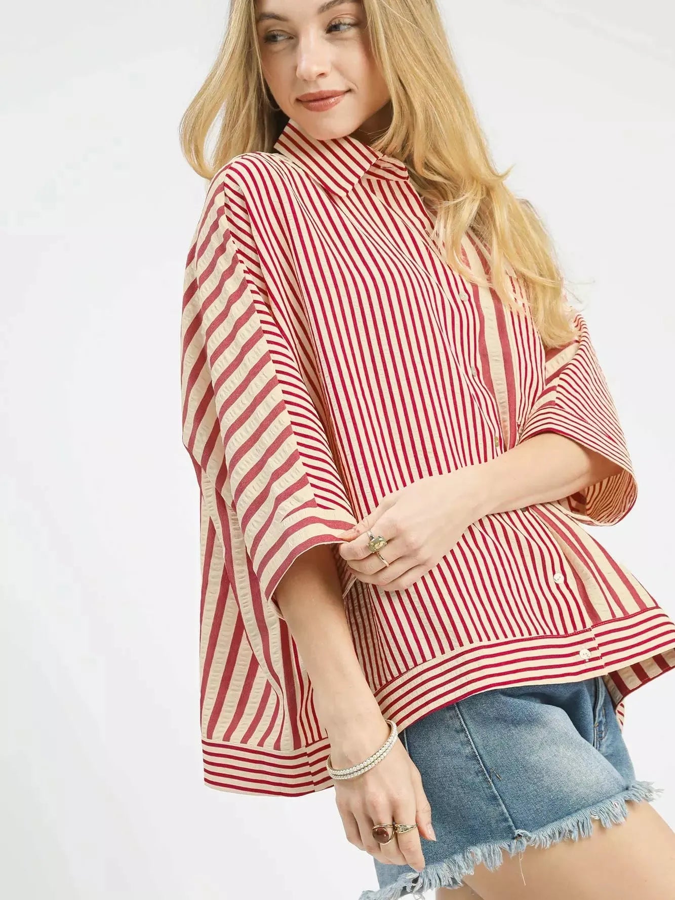 Umgee Raspberry Ribbons Oversized Striped Button Down Top-Women's Shirts & Tops-Shop Z & Joxa