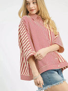 Umgee Raspberry Ribbons Oversized Striped Button Down Top-Women's Shirts & Tops-Shop Z & Joxa
