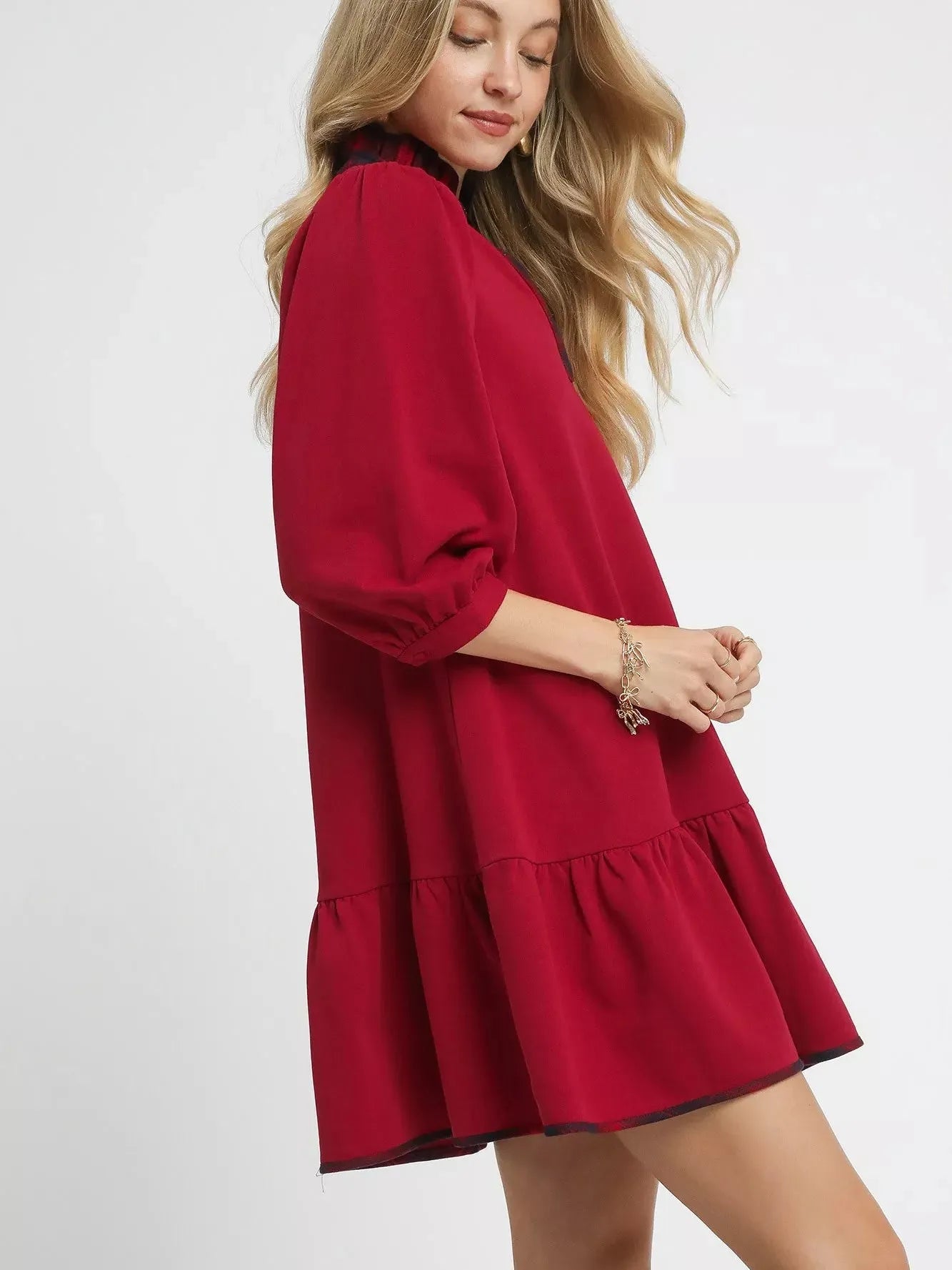 Umgee Red Flare French Terry Ruffle Hem Dress with Plaid Trim-Women's Dresses-Shop Z & Joxa