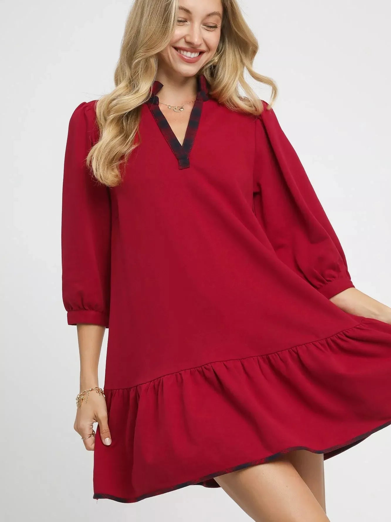 Umgee Red Flare French Terry Ruffle Hem Dress with Plaid Trim S / Red Wine Umgee Red Flare French Terry Ruffle Hem Dress with Plaid Trim S / Red Wine