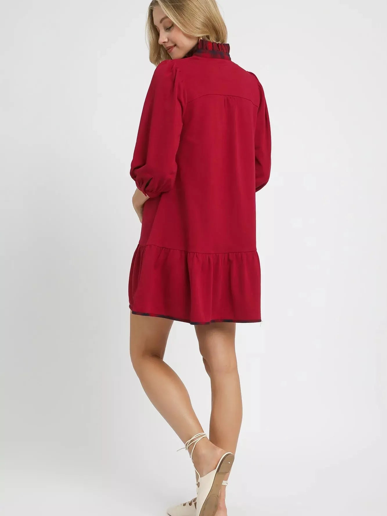 Umgee Red Flare French Terry Ruffle Hem Dress with Plaid Trim-Women's Dresses-Shop Z & Joxa