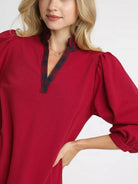 Umgee Red Flare French Terry Ruffle Hem Dress with Plaid Trim-Women's Dresses-Shop Z & Joxa