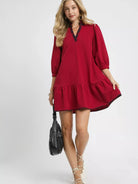 Umgee Red Flare French Terry Ruffle Hem Dress with Plaid Trim-Women's Dresses-Shop Z & Joxa