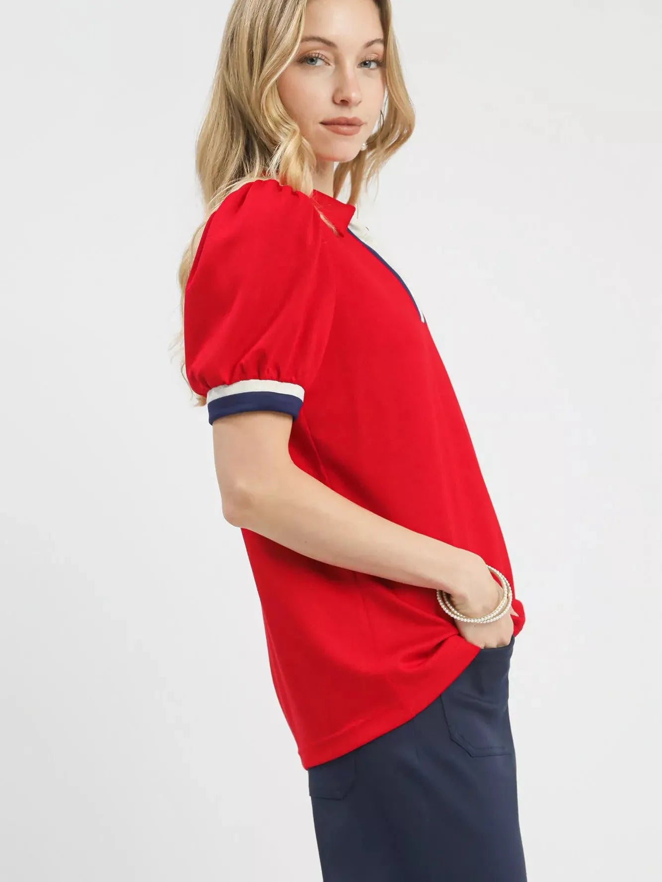 Umgee Redline Puff Sleeve Zip Front Top with Contrast Stripes-Women's Shirts & Tops-Shop Z & Joxa