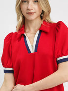 Umgee Redline Puff Sleeve Zip Front Top with Contrast Stripes-Women's Shirts & Tops-Shop Z & Joxa
