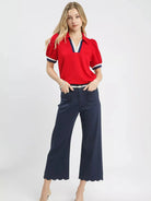 Umgee Redline Puff Sleeve Zip Front Top with Contrast Stripes-Women's Shirts & Tops-Shop Z & Joxa