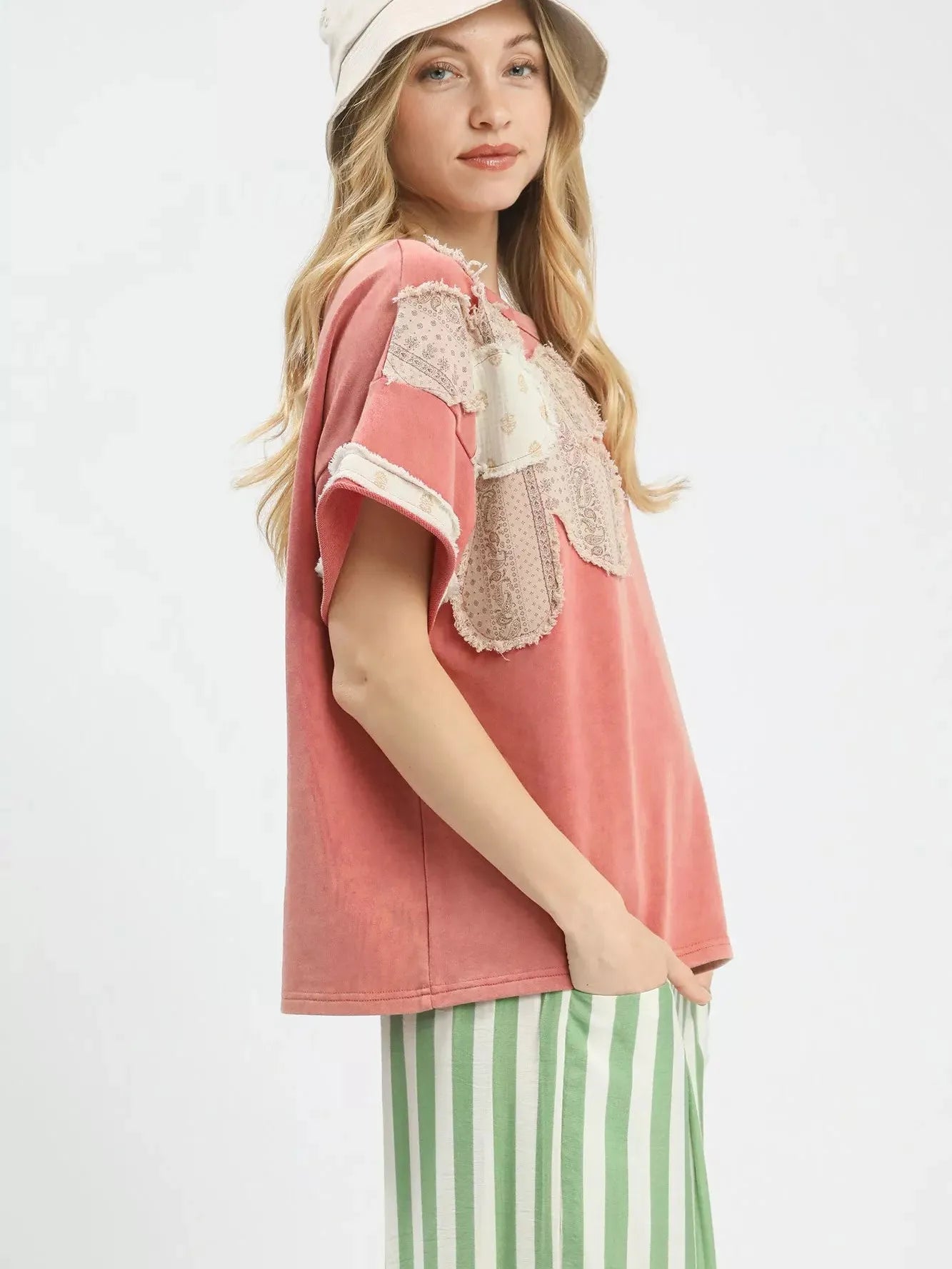 Umgee Rose Patch French Terry Top with Flower Patch-Women's Shirts & Tops-Shop Z & Joxa