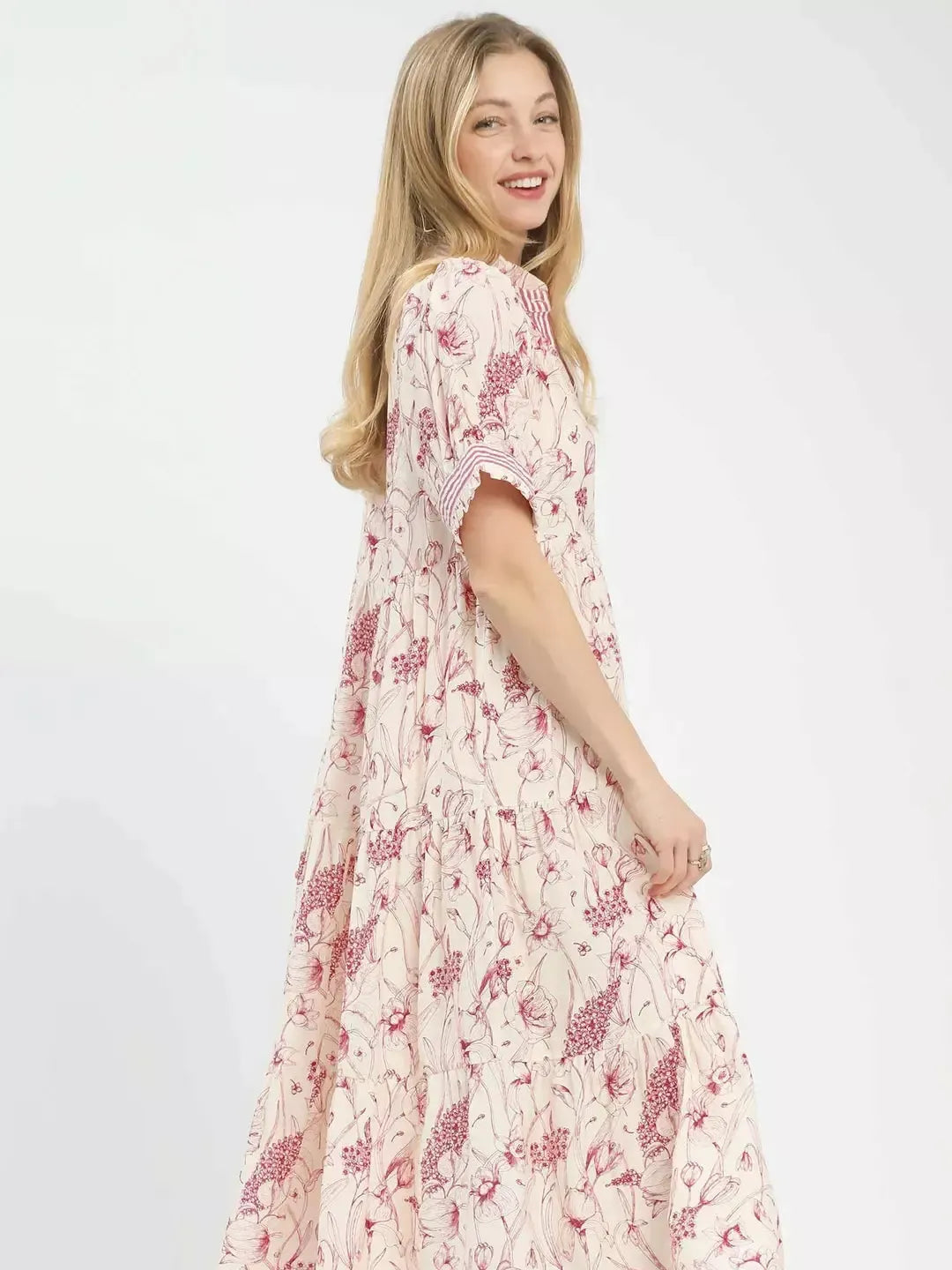 Umgee Rosy Reverie Floral Tiered Midi Dress with Ruffle Trim-Women's Dresses-Shop Z & Joxa